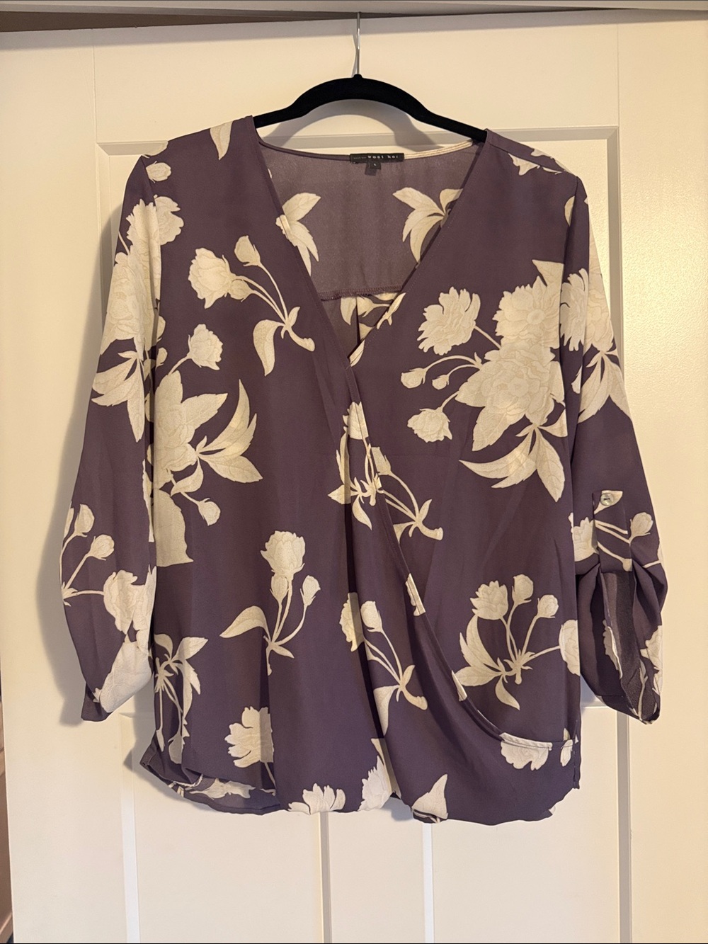 West Kei Purple Floral Wrap Blouse with Cream Print